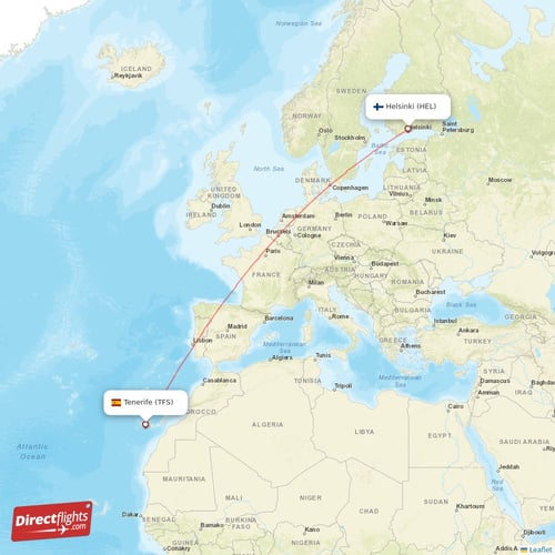 Helsinki - Tenerife direct flight map