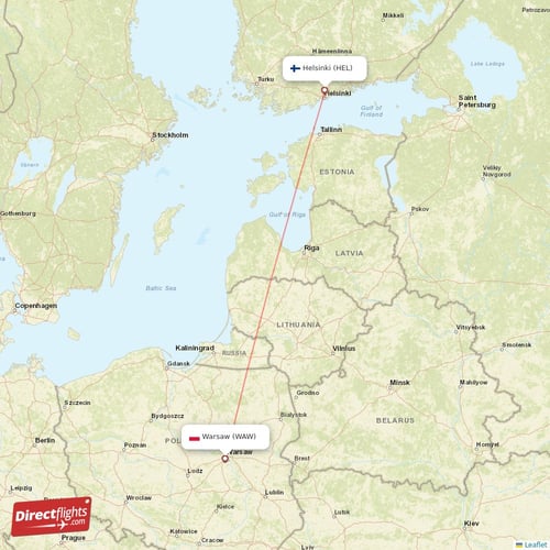 Helsinki - Warsaw direct flight map