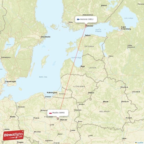Helsinki - Modlin direct flight map