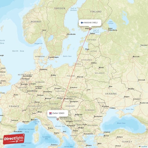 Helsinki - Zadar direct flight map