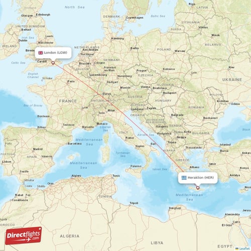 Heraklion - London direct flight map