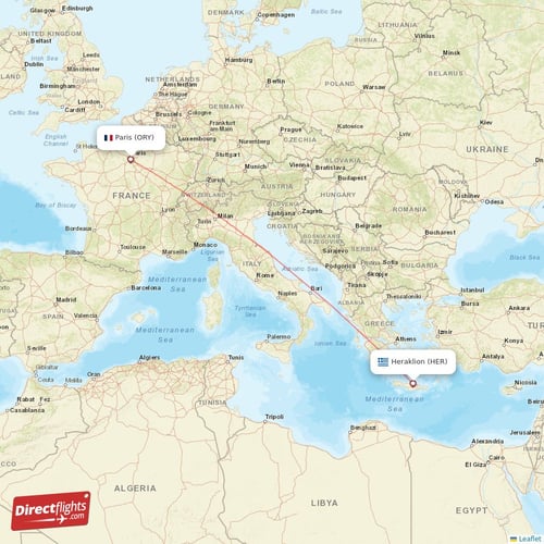 Heraklion - Paris direct flight map