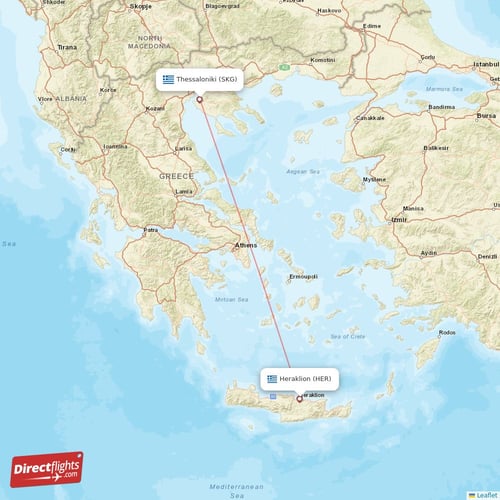 Heraklion - Thessaloniki direct flight map