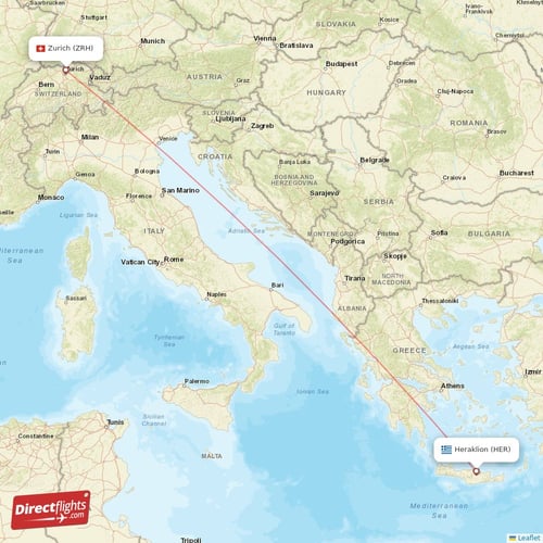 Heraklion - Zurich direct flight map
