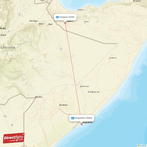 Hargeisa - Mogadishu direct flight map