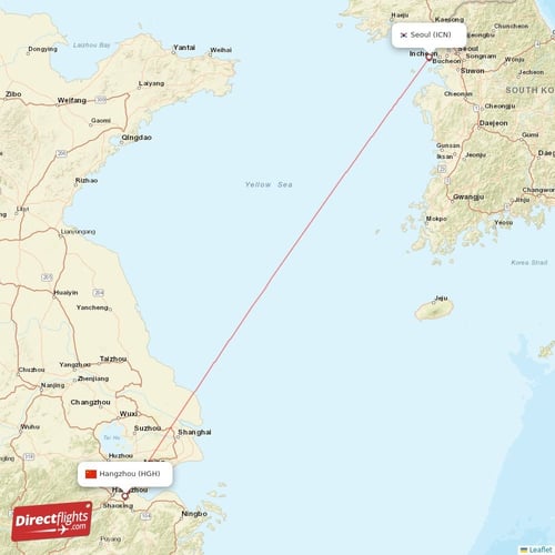 Hangzhou - Seoul direct flight map