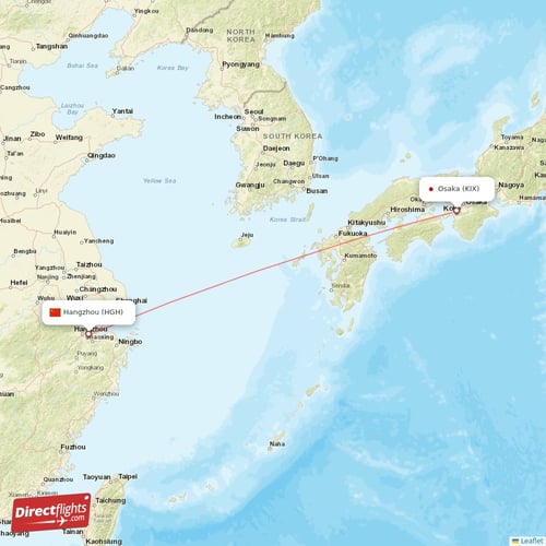 Hangzhou - Osaka direct flight map