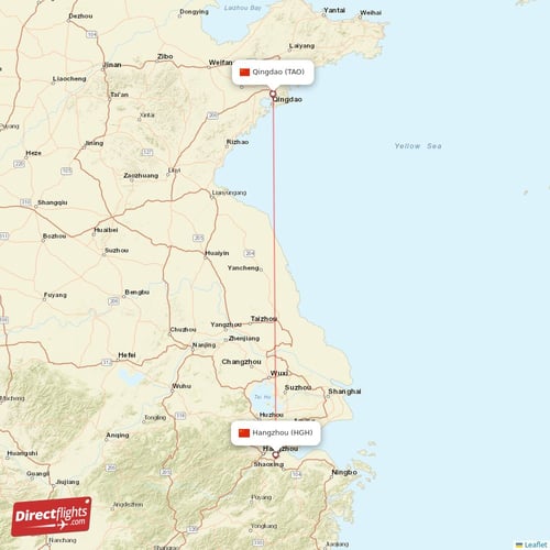 Hangzhou - Qingdao direct flight map