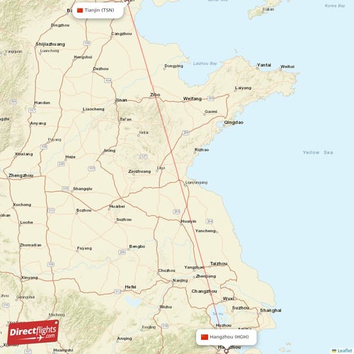 Hangzhou - Tianjin direct flight map