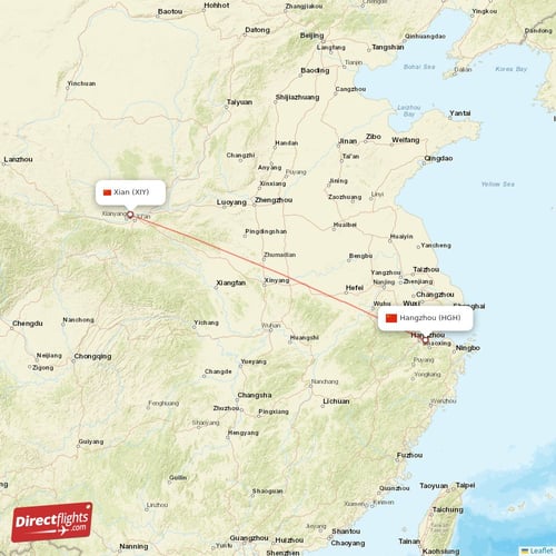 Hangzhou - Xian direct flight map
