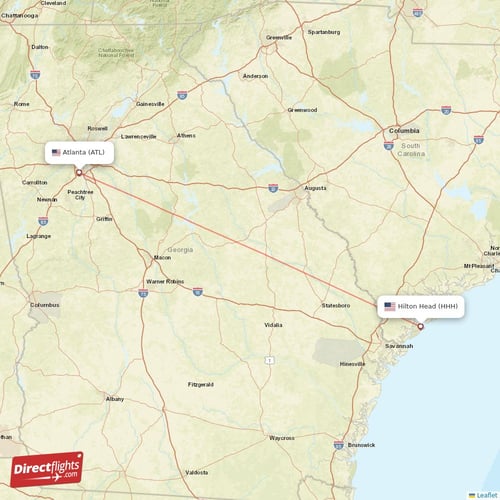 Hilton Head - Atlanta direct flight map