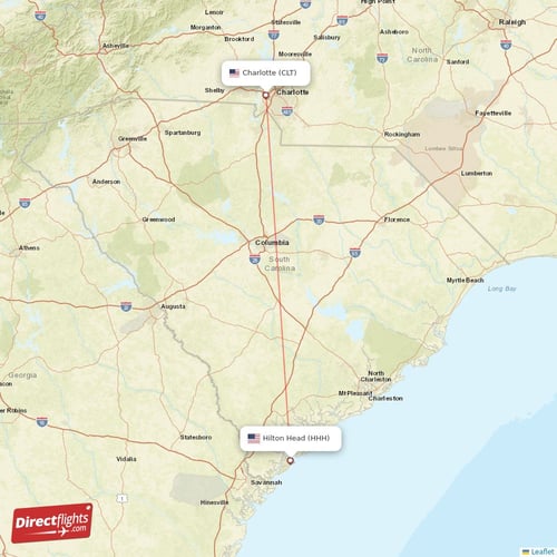 Hilton Head - Charlotte direct flight map