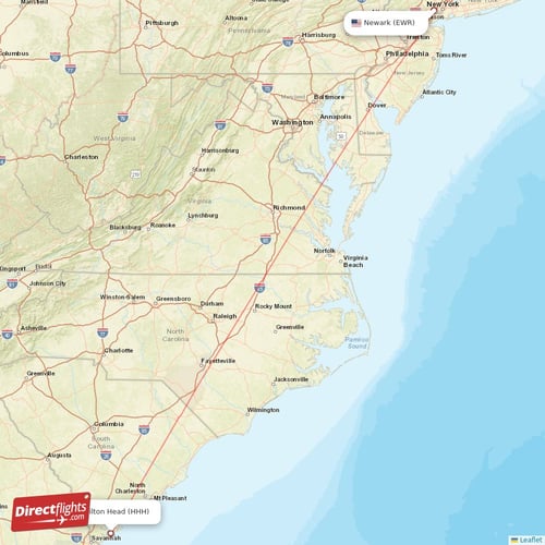 Hilton Head - New York direct flight map