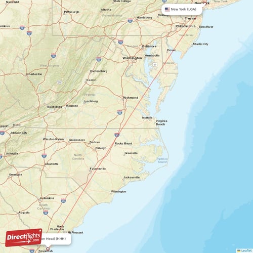 Hilton Head - New York direct flight map