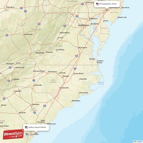 Hilton Head - Philadelphia direct flight map
