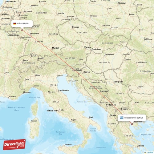 Hahn - Thessaloniki direct flight map