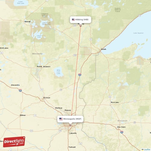 Hibbing - Minneapolis direct flight map