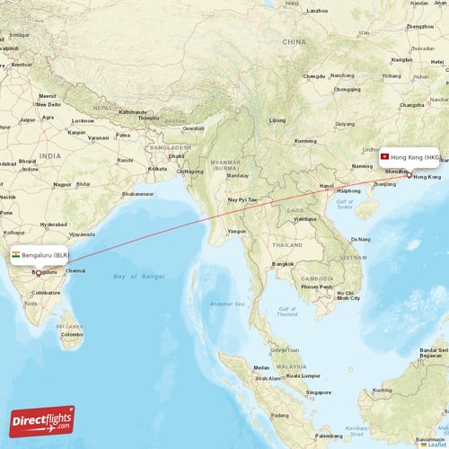 Hong Kong - Bengaluru direct flight map