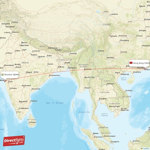 Hong Kong - Mumbai direct flight map