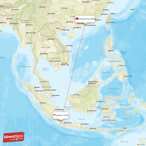 Hong Kong - Jakarta direct flight map
