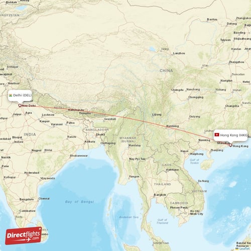 Hong Kong - Delhi direct flight map