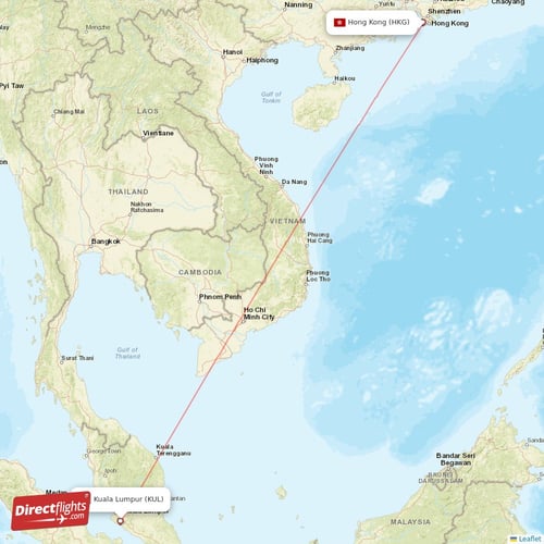 Hong Kong - Kuala Lumpur direct flight map