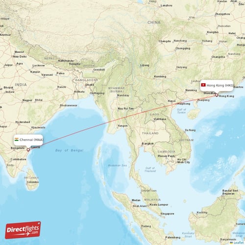 Hong Kong - Chennai direct flight map