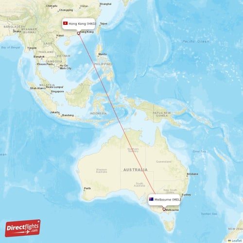 Hong Kong - Melbourne direct flight map