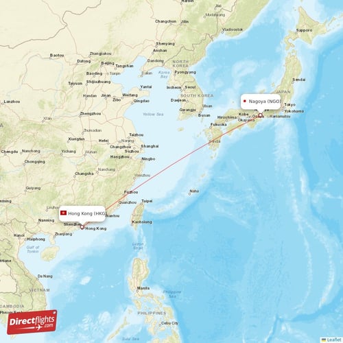 Hong Kong - Nagoya direct flight map