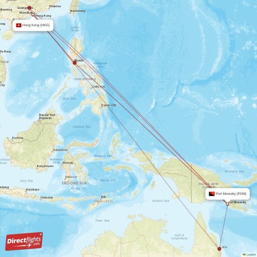 Hong Kong - Port Moresby direct flight map