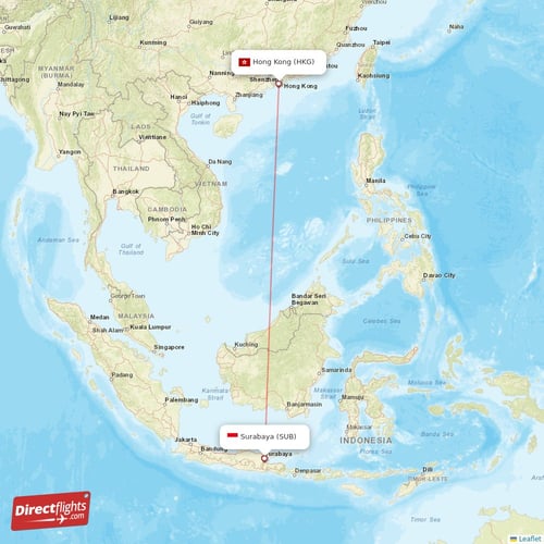 Hong Kong - Surabaya direct flight map