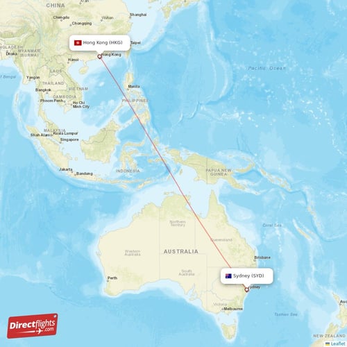 Hong Kong - Sydney direct flight map