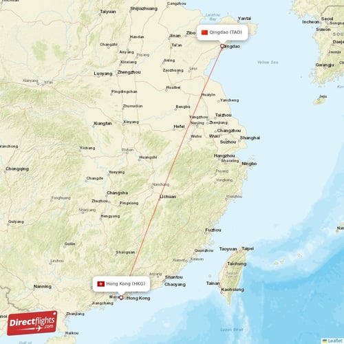 Hong Kong - Qingdao direct flight map