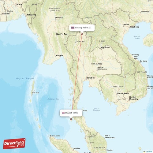 Phuket - Chiang Rai direct flight map