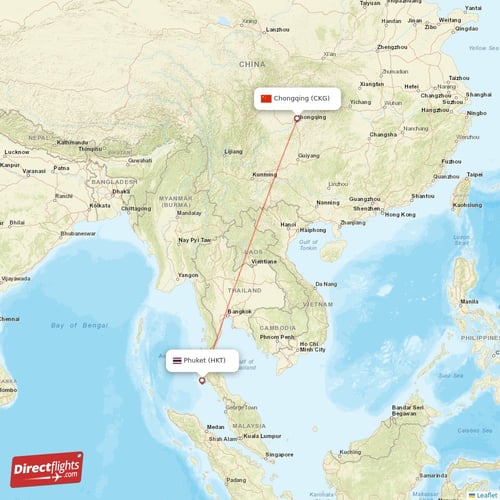 Phuket - Chongqing direct flight map