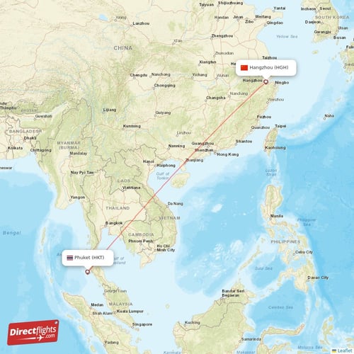 Phuket - Hangzhou direct flight map