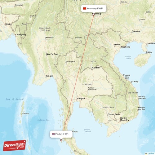 Phuket - Kunming direct flight map