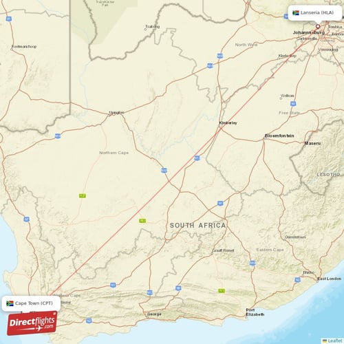 Lanseria - Cape Town direct flight map