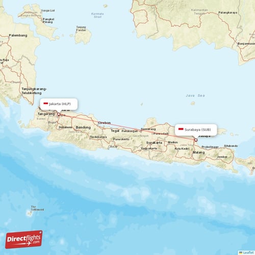 Jakarta - Surabaya direct flight map