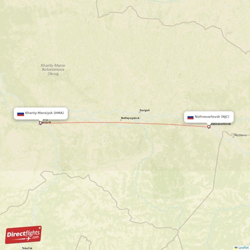 Khanty-Mansiysk - Nizhnevartovsk direct flight map