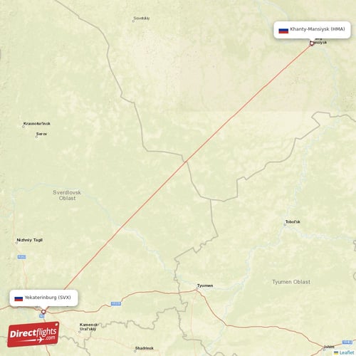 Khanty-Mansiysk - Yekaterinburg direct flight map
