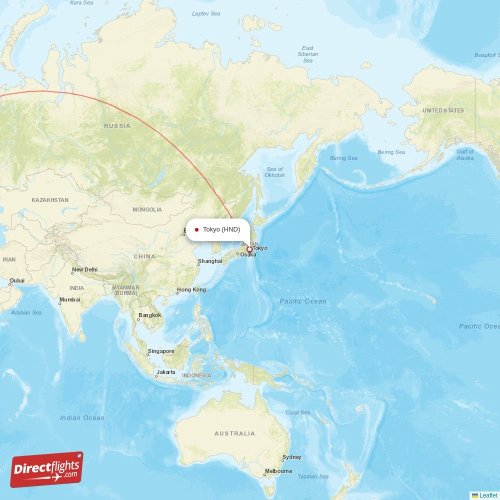 Tokyo - Copenhagen direct flight map