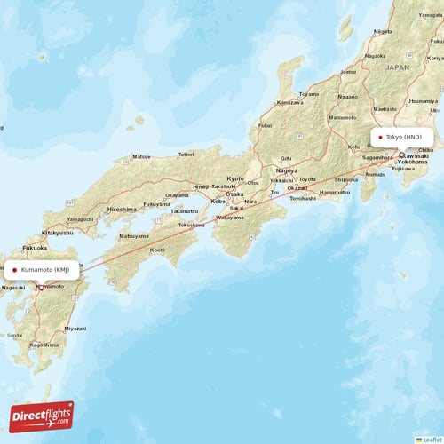 Tokyo - Kumamoto direct flight map