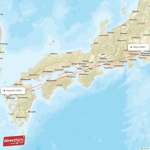 Tokyo - Nagasaki direct flight map