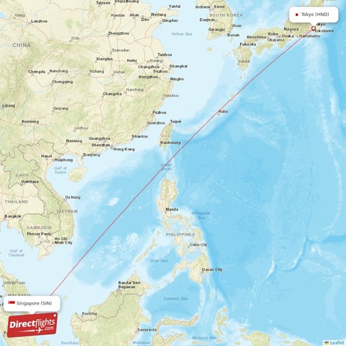 Tokyo - Singapore direct flight map