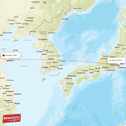 Tokyo - Qingdao direct flight map