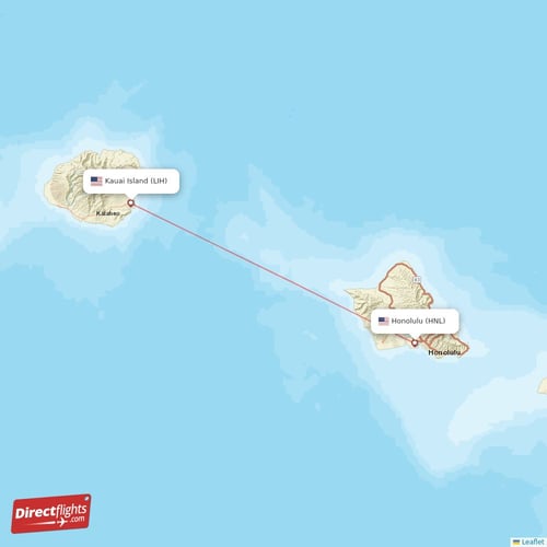 Honolulu - Kauai Island direct flight map