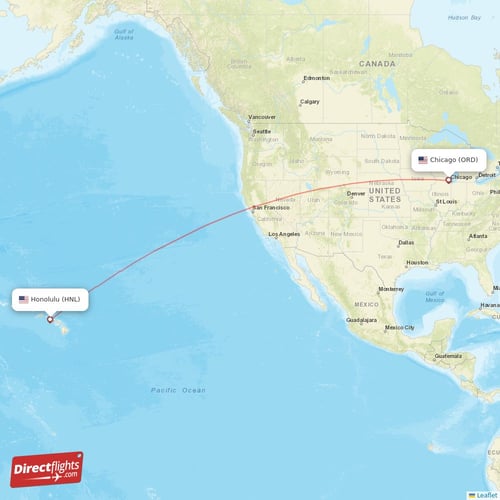 Honolulu - Chicago direct flight map