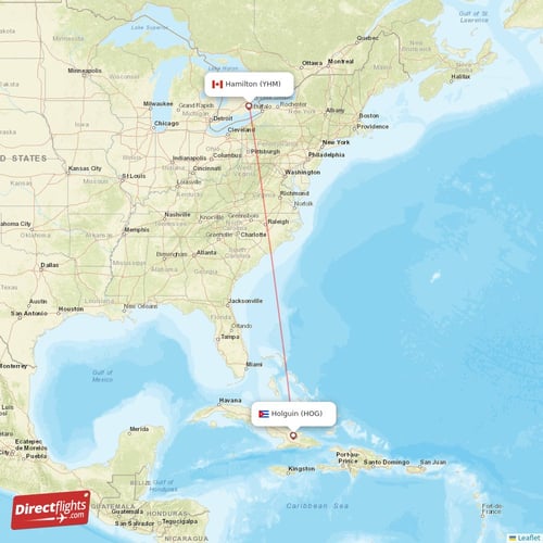Holguin - Hamilton direct flight map