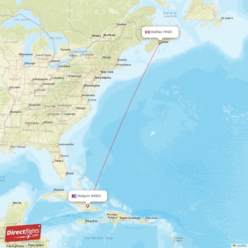 Holguin - Halifax direct flight map